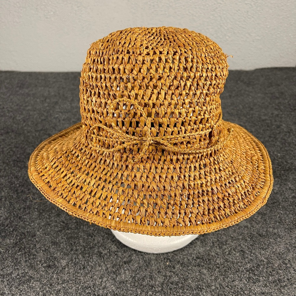 Jaden Rael Handmade Madagascar 100% Raffia Sun Hat Tan Woven Straw Bow Detail M